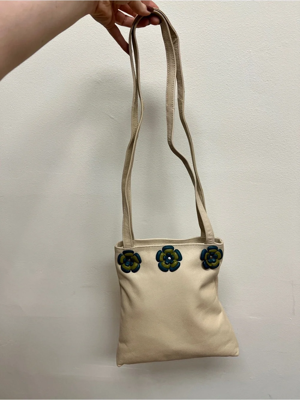 Beige Leather Tote with leather Blue Floral Appliqué